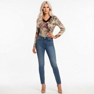 Cyrus Boho Floral Leopard Print Lace Up V Neck Top Sweater Women Large